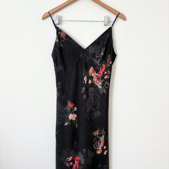 All Saints Melody Nancy Midi Dress Silk Blend Floral Sz 6 Cocktail Edgy Goth - Picture 3 of 13